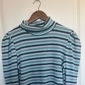Women's Anthropologie Maeve Puff-Sleeved Striped Turtleneck Top Size XL